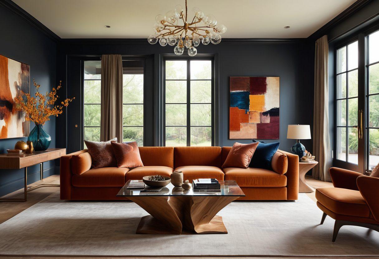 A beautifully arranged interior scene showcasing bespoke furniture solutions, featuring a mix of modern and classic styles. Include a stylish sofa, a unique coffee table, and artistic decor pieces under soft ambient lighting. The walls should be adorned with elegant artwork, and large windows should let in warm natural light, creating an inviting atmosphere. Emphasize textures and colors for vibrancy. super-realistic. vibrant colors. cozy ambiance.