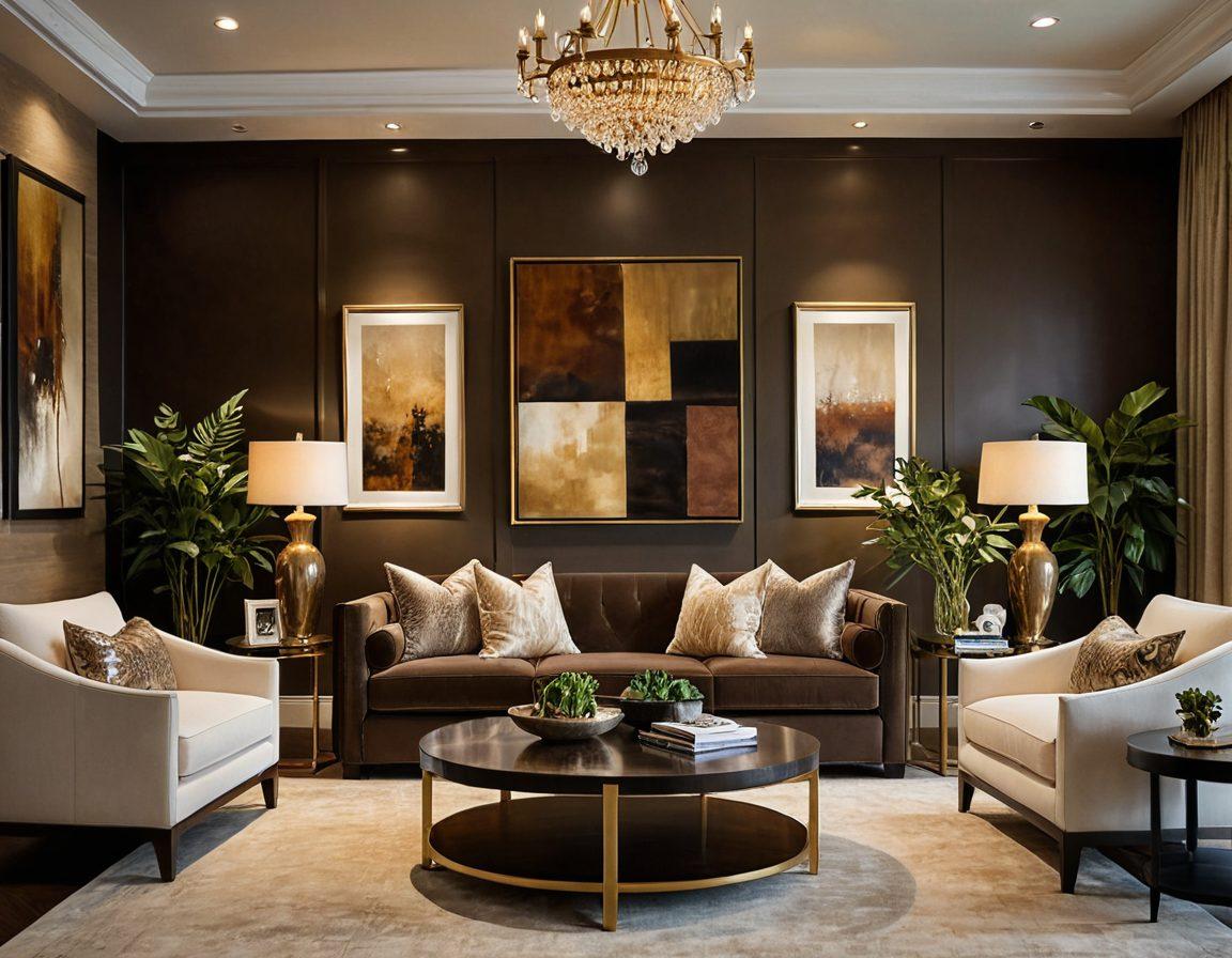 A luxurious living room showcasing bespoke furniture, featuring an elegant, plush sofa, a unique coffee table, and meticulously crafted accent chairs, all beautifully arranged in a stylish, warm space with soft lighting. The decoration should include tasteful art pieces and lush greenery to enhance the atmosphere of sophistication and comfort. The color palette should reflect opulence and tranquility with gold and earth tones. super-realistic. vibrant colors. sophisticated style.