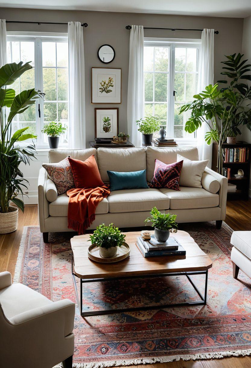 A beautifully designed living room showcasing affordable luxury, featuring elegant upholstery in rich fabrics like velvet and linen. Incorporate a stylish sofa adorned with colorful throw pillows, an artistic coffee table, and plush rugs, all bathed in warm, natural light. Include decorative elements such as potted plants, bookshelves, and curated wall art to enhance the ambiance of elegance and comfort. style: super-realistic. vibrant colors. cozy atmosphere.